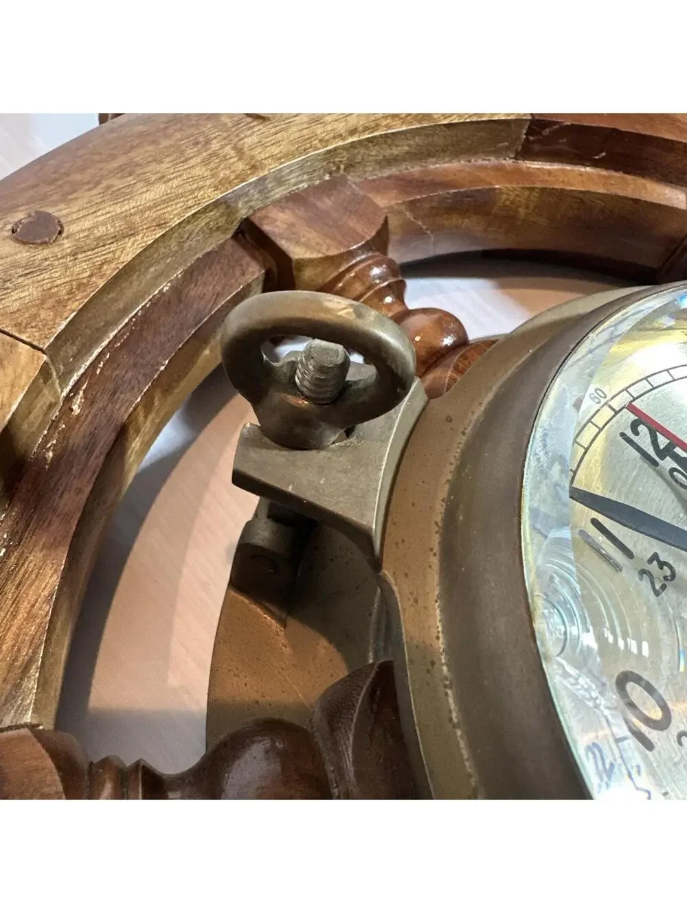 Vintage Chadburns Nautical Porthole Ship Wheel Wall Clock Wooden Brass 18 1/2”